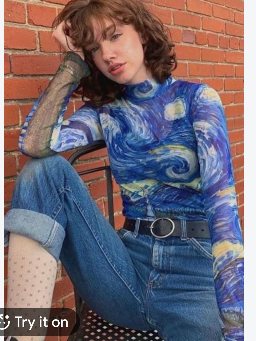 Handcuff Starry Night Art Print Mock Neck Lettuce Trim Mesh Slim Top For Women